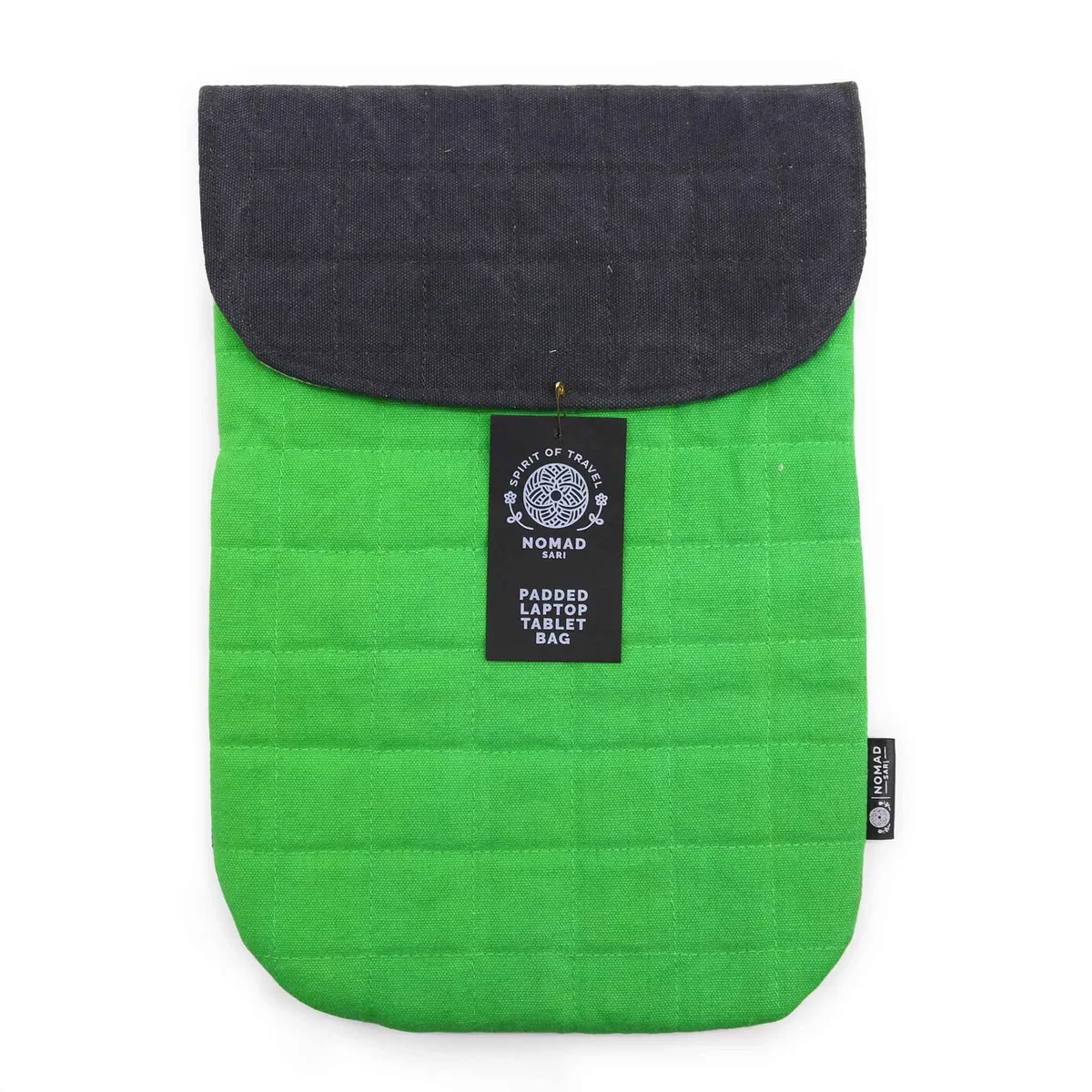 Frog green padded laptop sleeve made from 14oz stonewash fabric, designed as a protective pouch for laptops