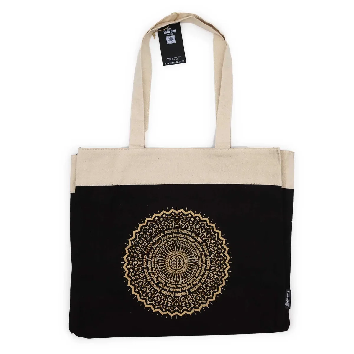 Oversized stonewash tote bag in 14oz fabric featuring a Freedom Mandala design on front side
