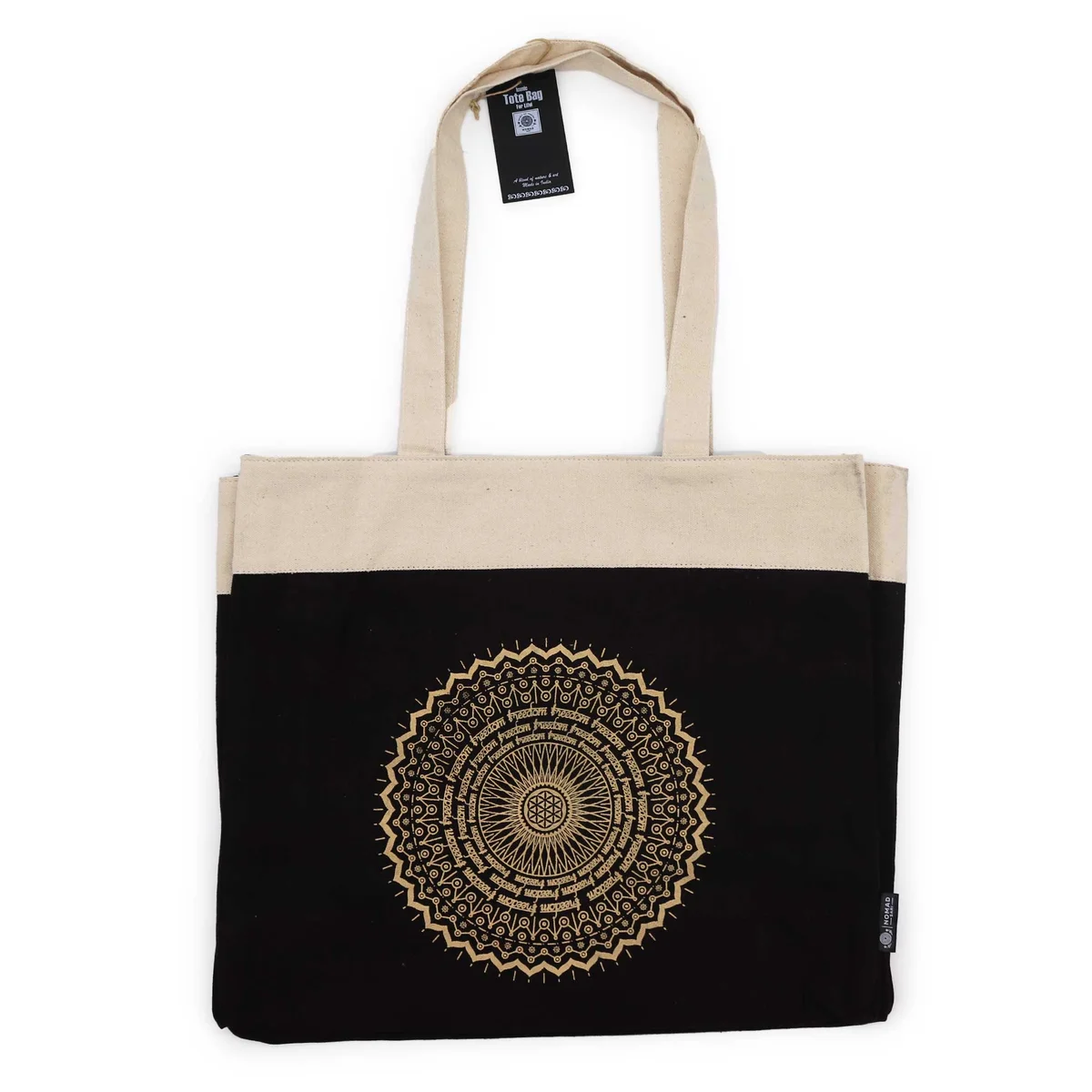 Oversized stonewash tote bag with freedom mandala design, 14oz durable fabric, spacious and casual style