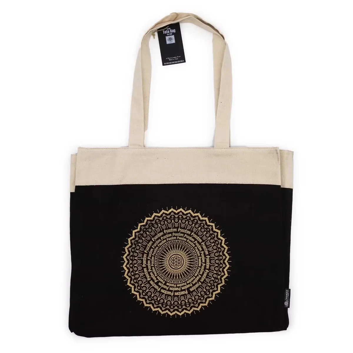 Oversized stonewash tote bag with Freedom Mandala design, durable 14oz fabric, large tote bag UK style