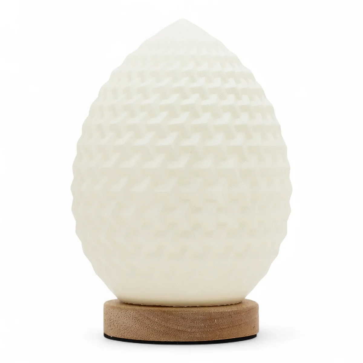 Teardrop-shaped New Wave USB desk lamp with three light settings on a white background