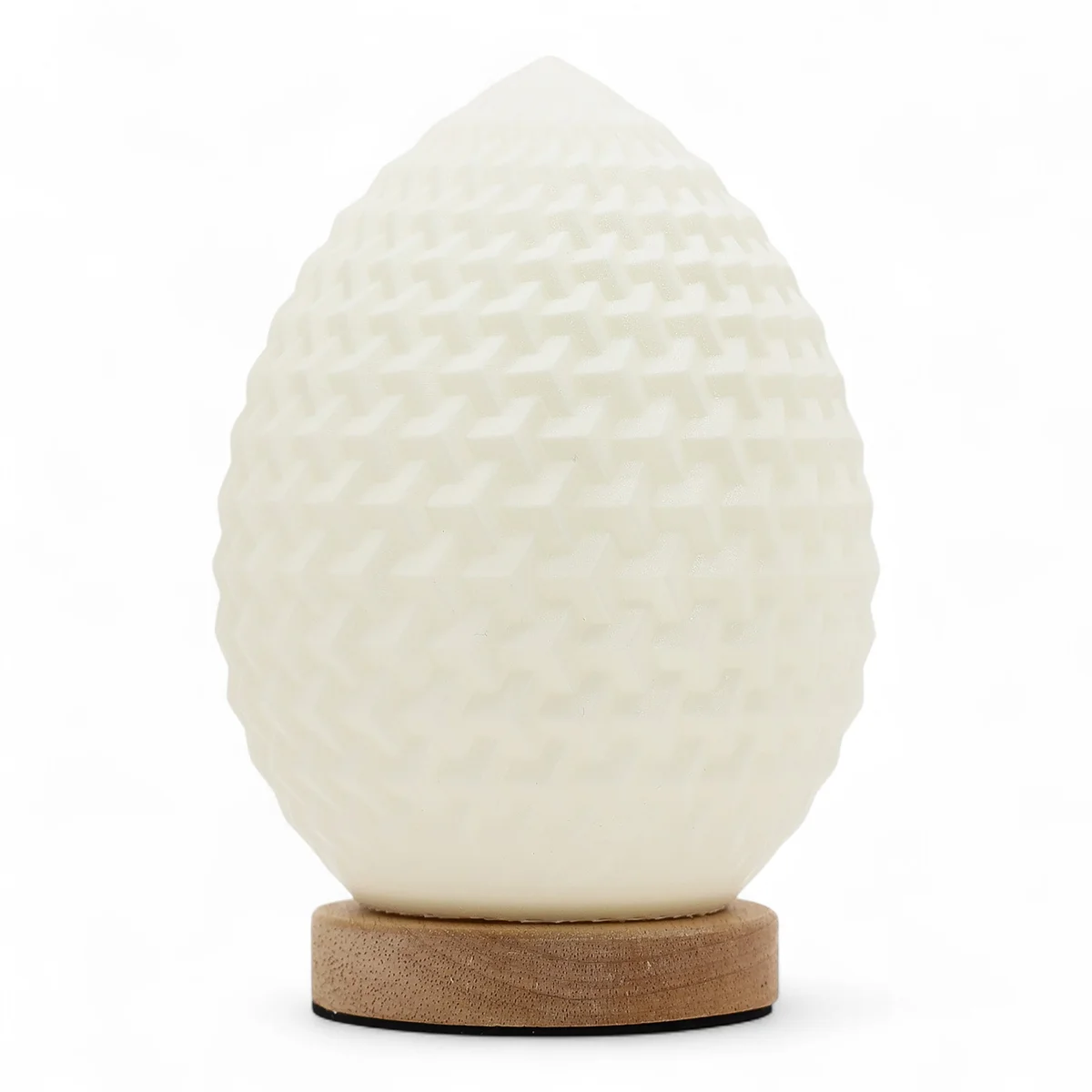 Teardrop-shaped New Wave USB lamp showing three adjustable settings with soft glowing light on a plain background