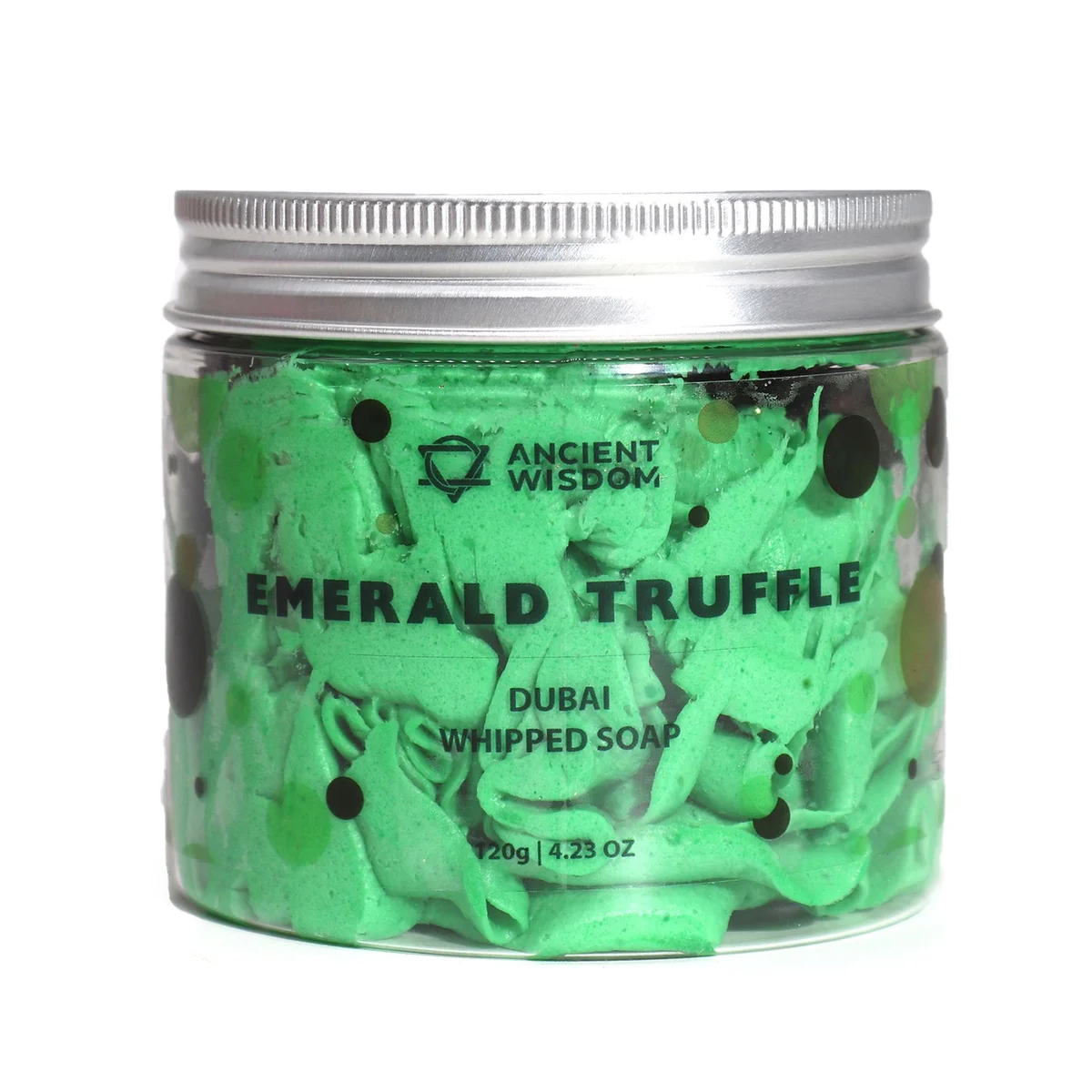 Dubai Emerald Truffle whipped soap 120g in a green jar with gold and black label on a white background
