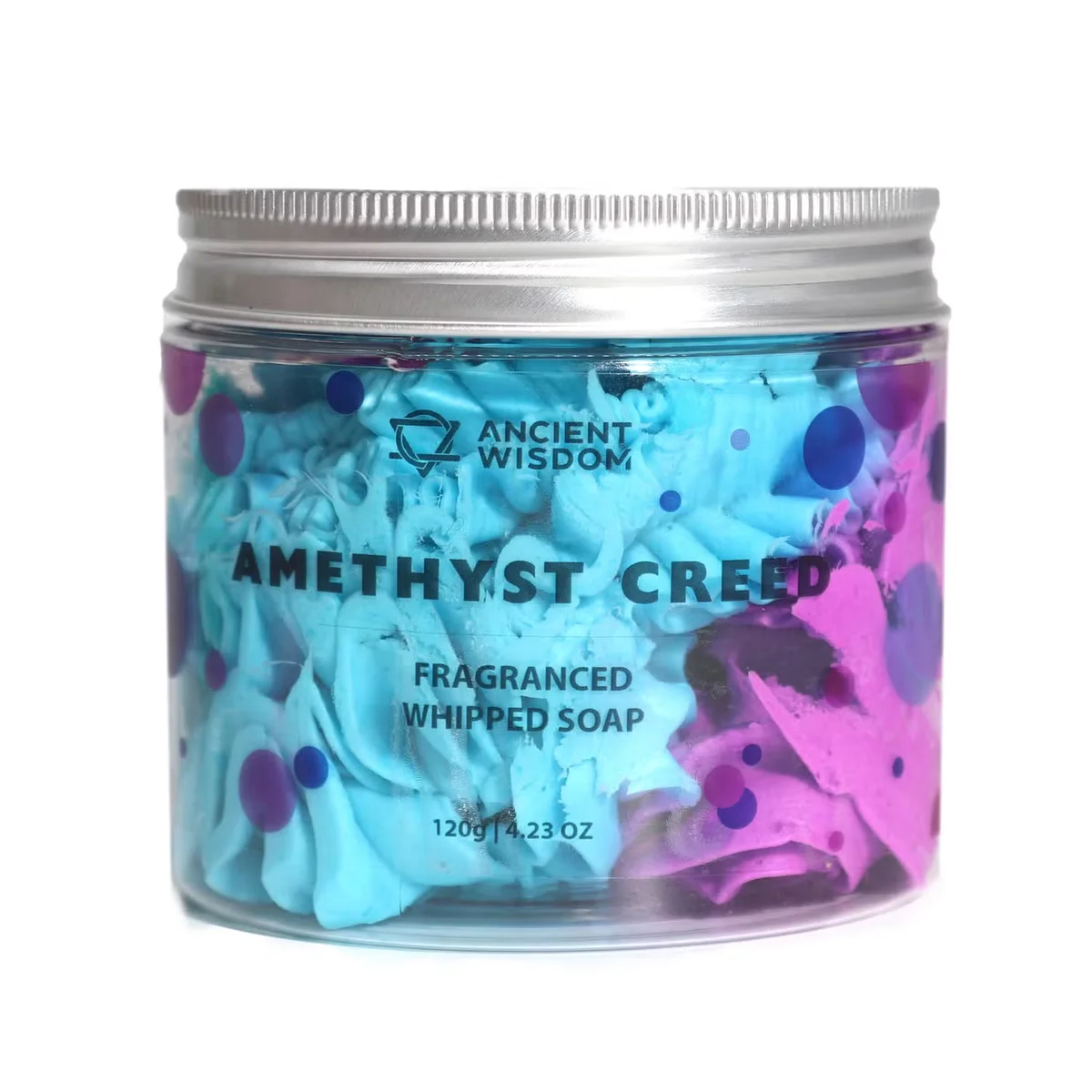 Jar of Amethyst Creed whipped soap 120g with creamy texture, labelled as creed scented soap for skin cleansing