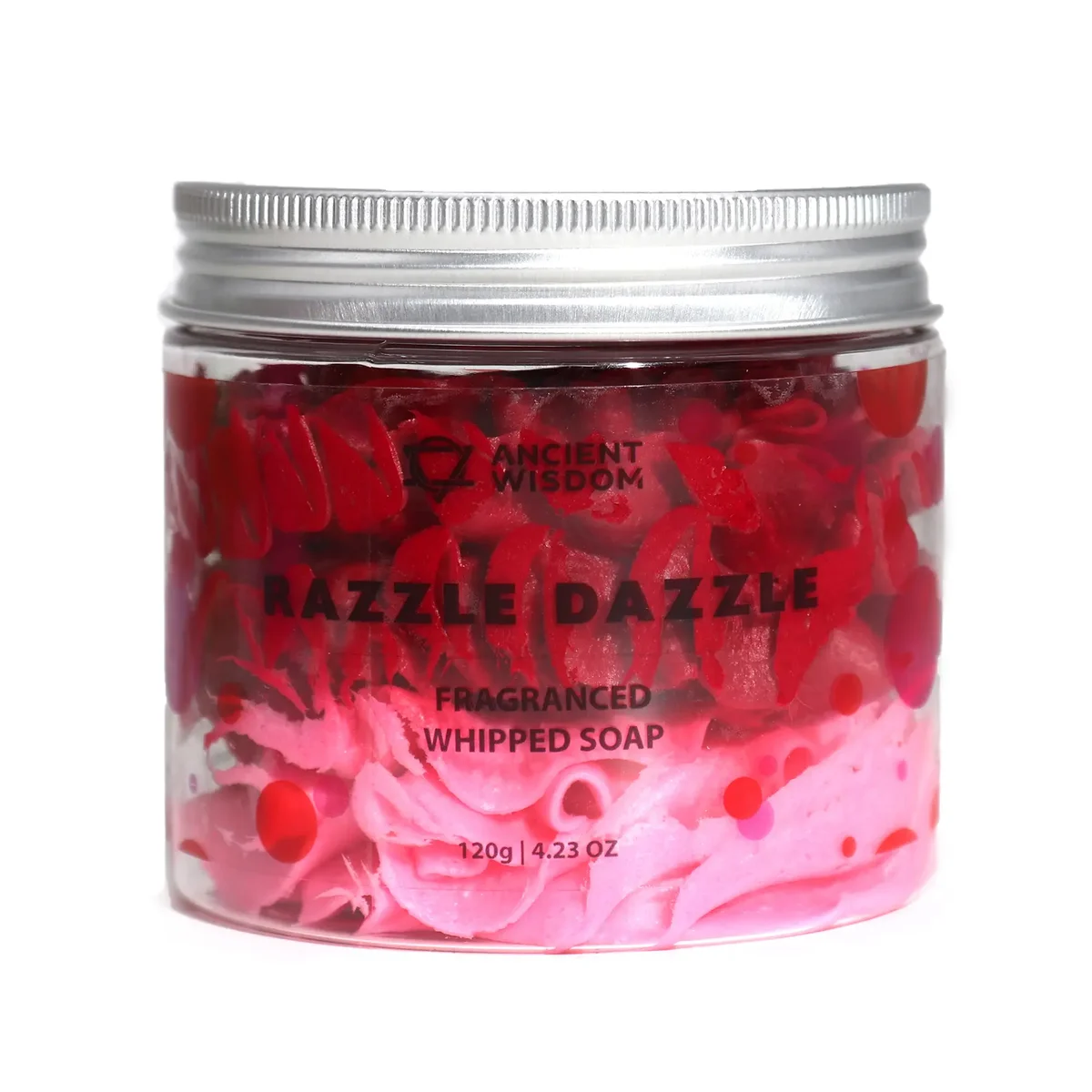 Razzle Dazzle luxury whipped soap in a 120g jar with creamy, fluffy texture on a white background