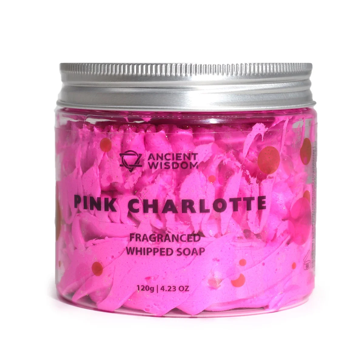 Tub of Pink Charlotte pink whipped soap with creamy texture on white background, 120g size displayed