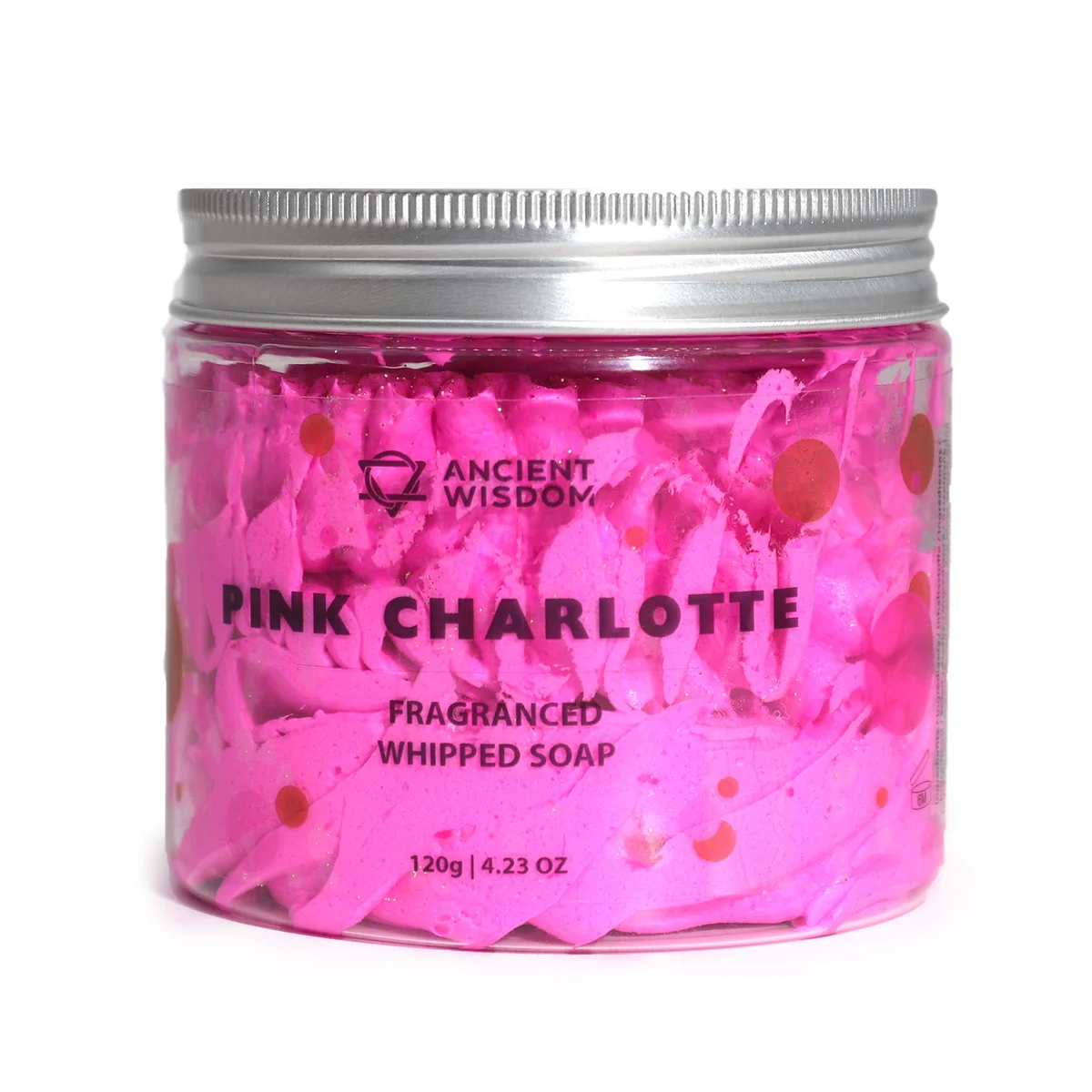 Open jar of Pink Charlotte whipped bath soap pink with creamy texture on white background