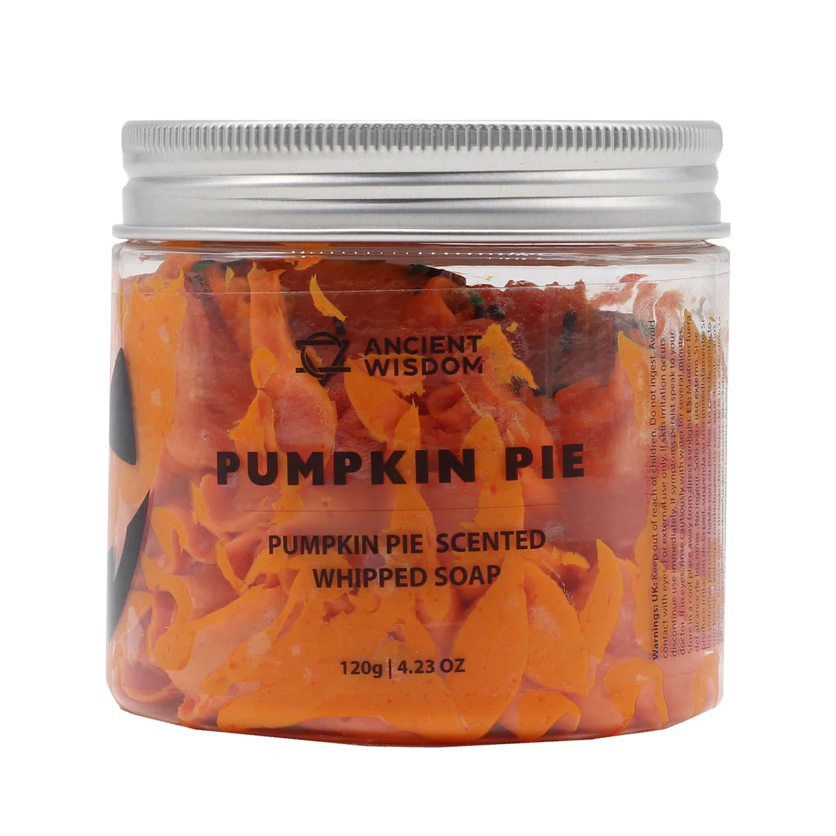 Small round whipped soap, creamy texture, labelled pumpkin scent soap