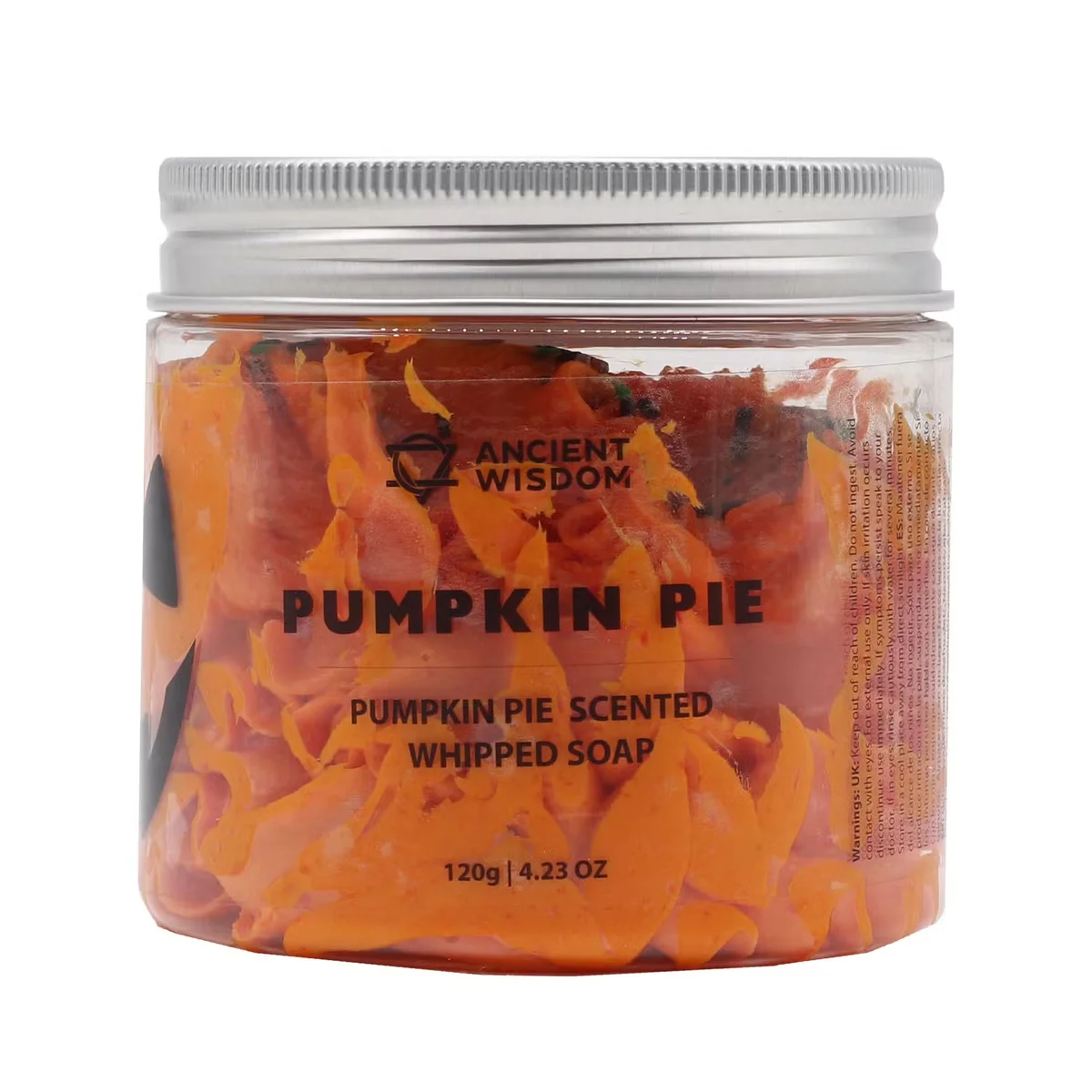 Pumpkin Pie Whipped Soap 120g in a white jar, bright orange and white whipped texture, bath and body soap.