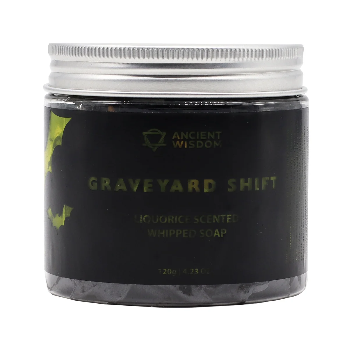 Handheld bar of Graveyard Shift bath whipped soap, creamy froth and soft texture.