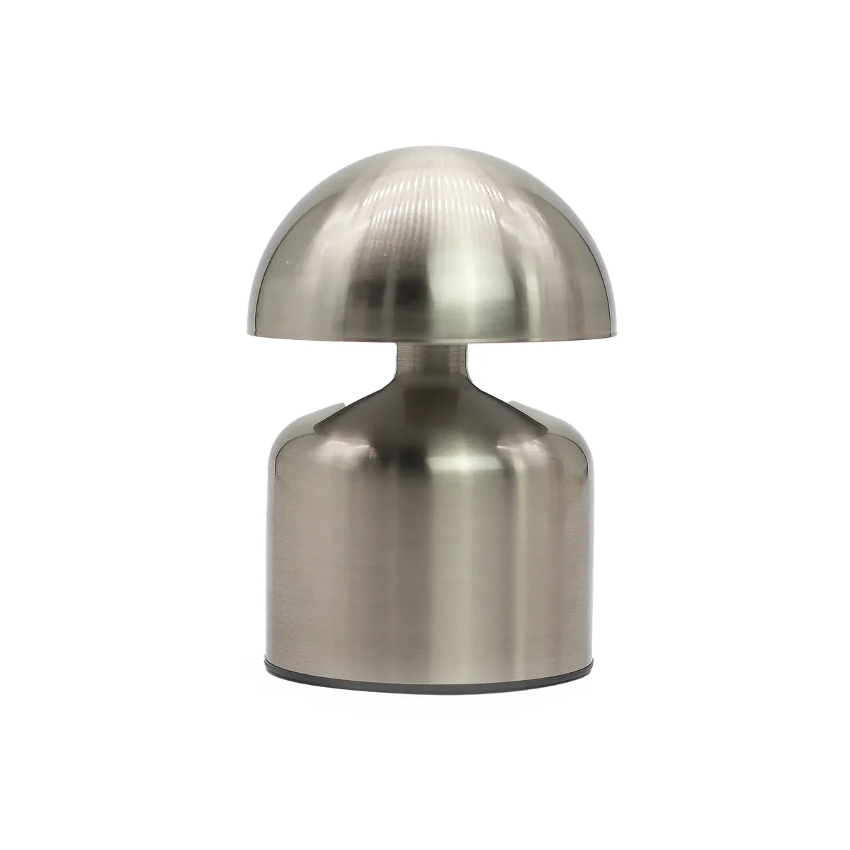 Silver dome mushroom lamp with smooth rounded shade and USB-C rechargeable touch control on white background