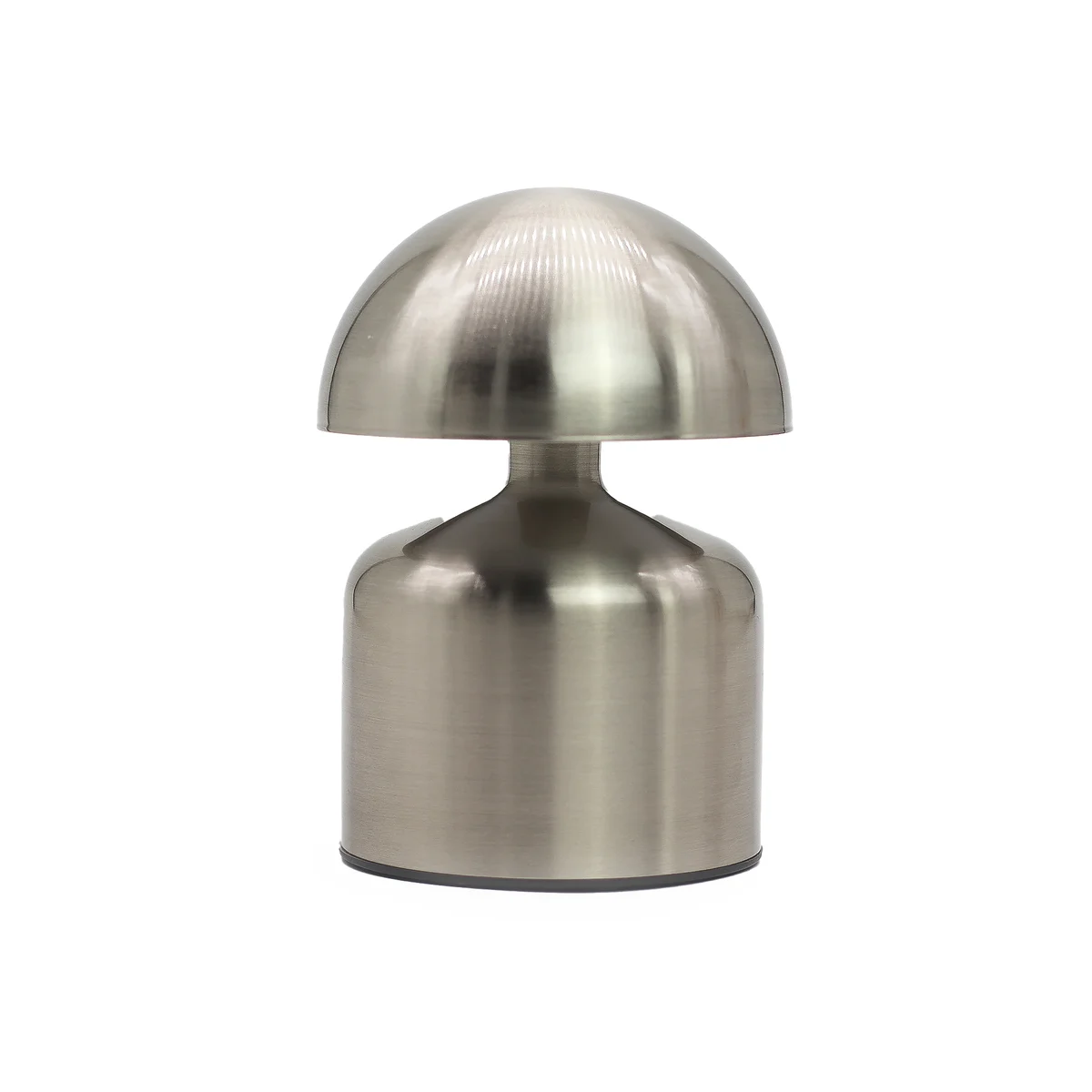 Silver touch lamp shaped like a dome mushroom with a USB-C rechargeable feature on a white background