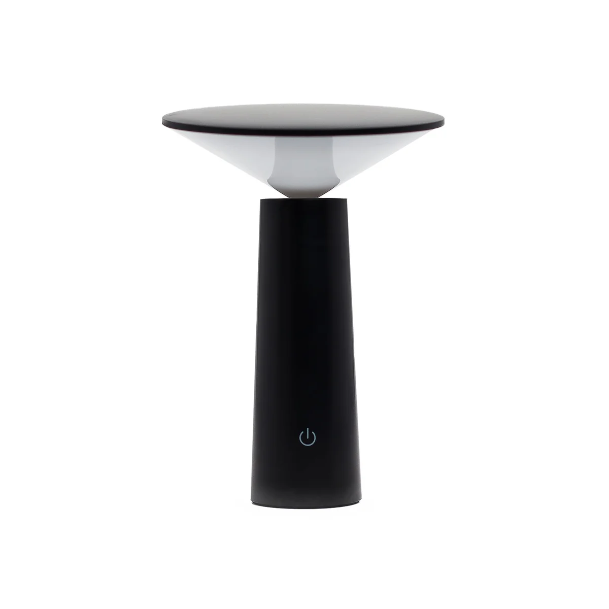 Black mushroom-shaped adjustable touch lamp with patterned light, USB-C charging, and rechargeable battery
