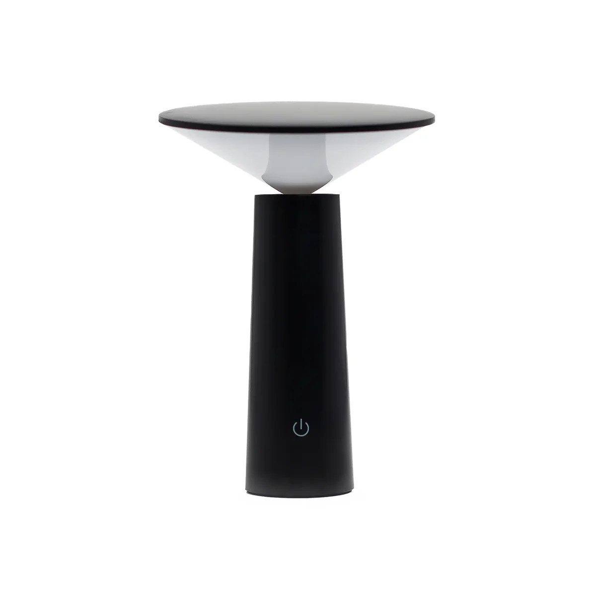 Black mushroom lamp with adjustable touch control, patterned light, USB-C charging port, and sleek black finish