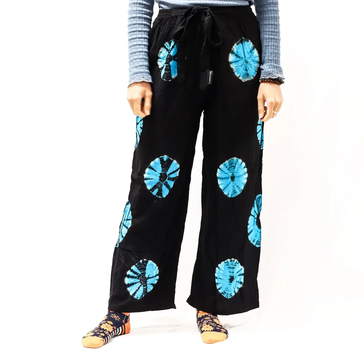 Black and blue lounge pants in Japanese style, medium size, displayed on a plain background