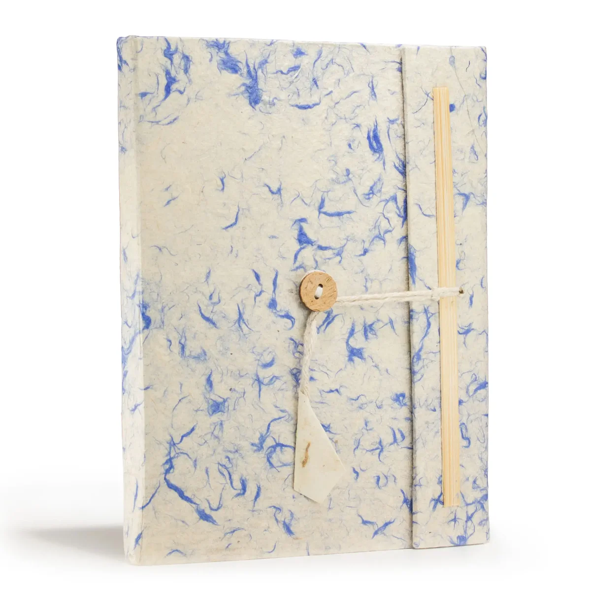 Large blue cotton notebook with mixed blue cover, 45 leaves, and a bookmark on a white background