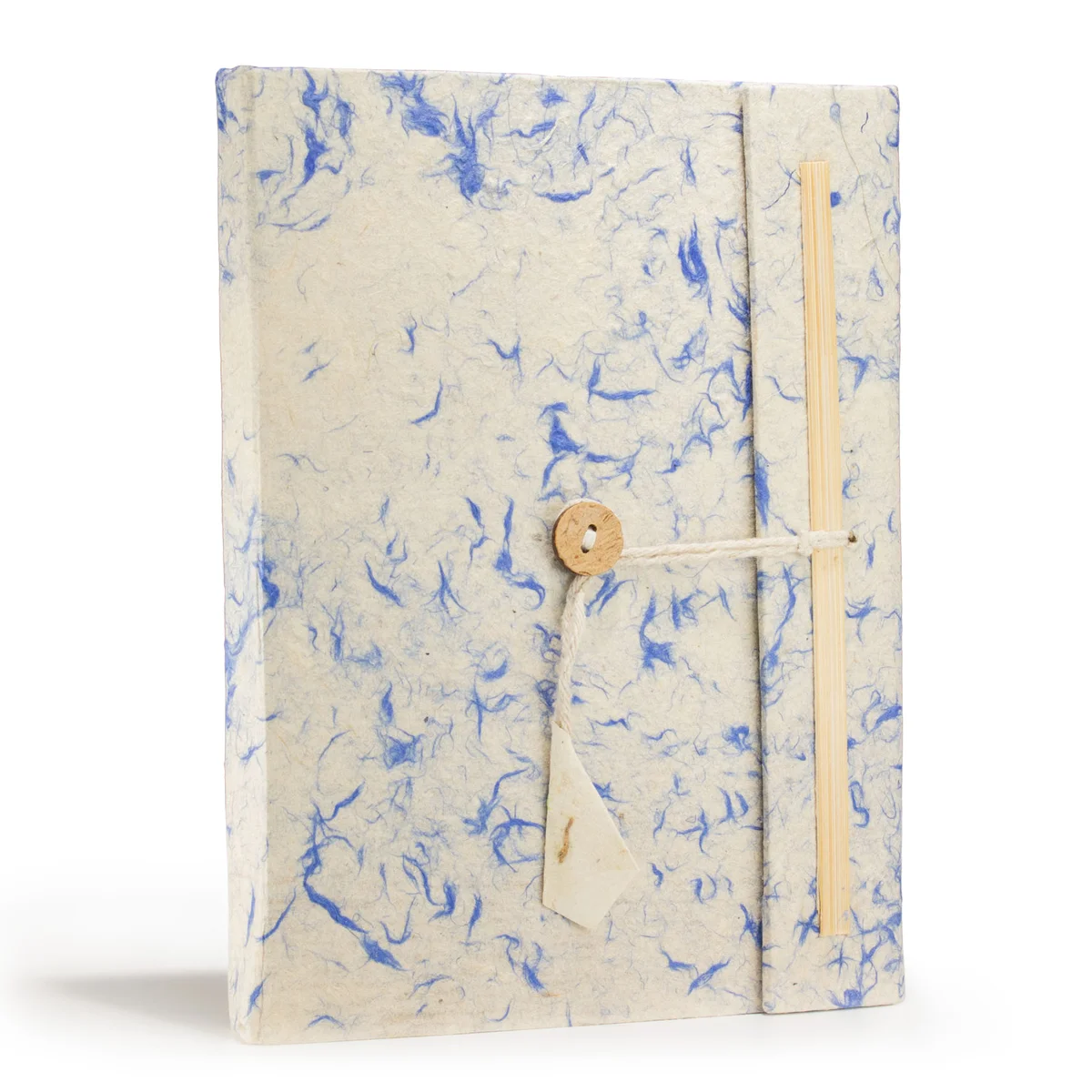 Large Lokta paper notebook with mixed blue cotton cover, 45 leaves, and a bookmark on a white background