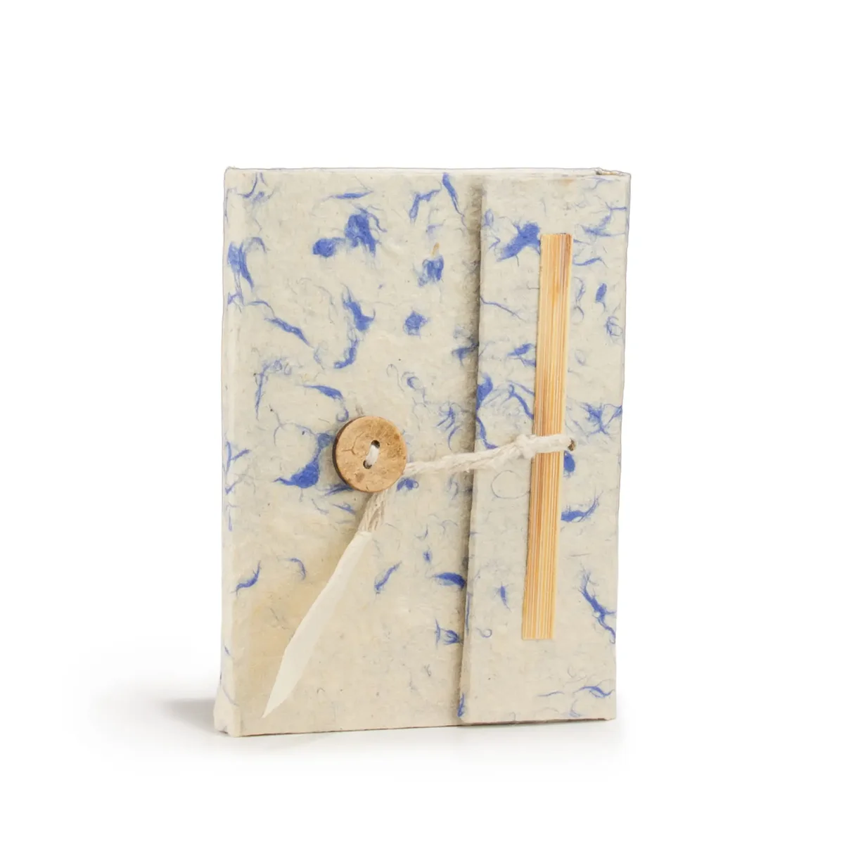 Mini blue cotton notebook with mixed blue cover, 12x8cm size, showing 40 cream-colored leaves inside