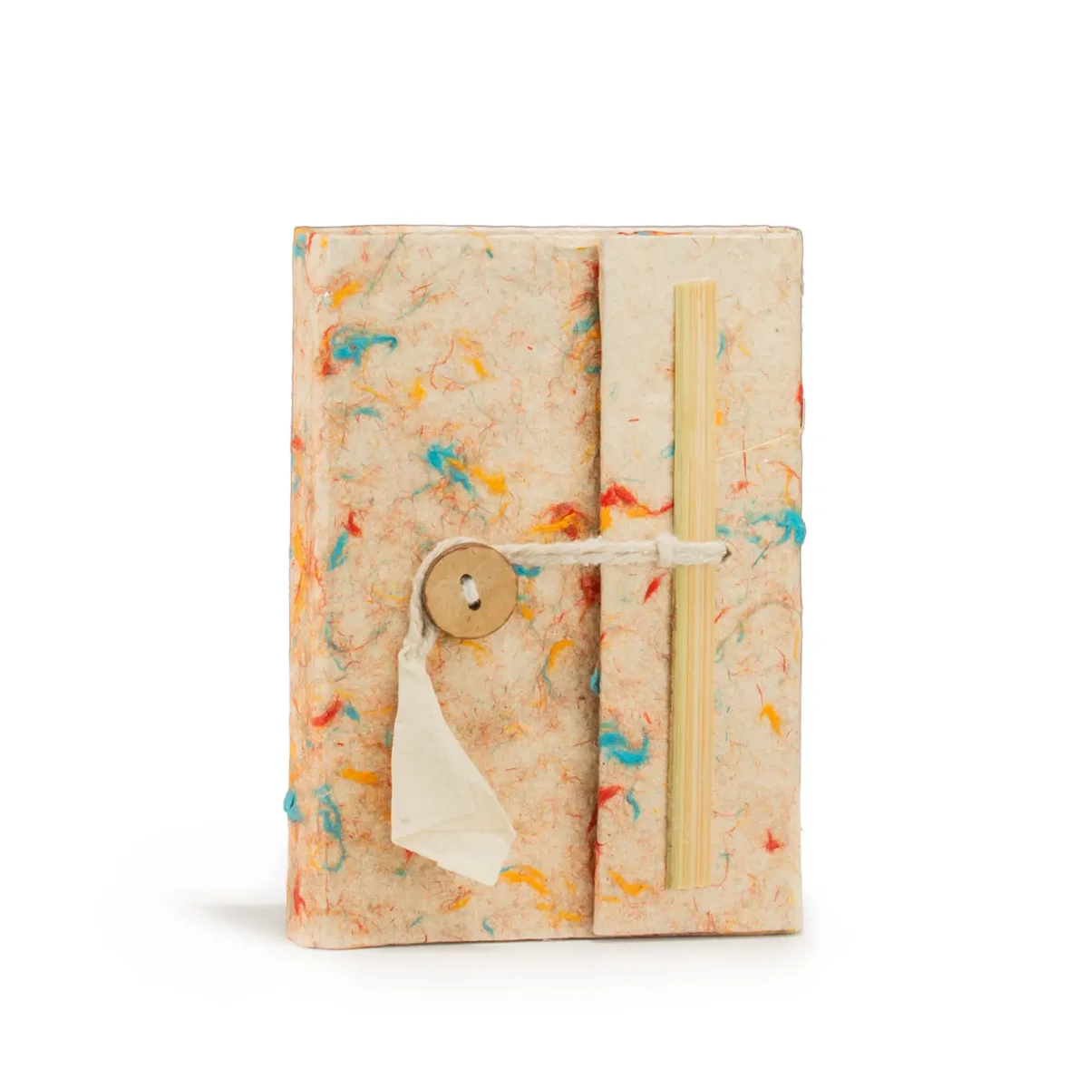 Mini Lokta paper notebook with mixed colour cotton cover, 12x8cm size, showing 40 leaves inside