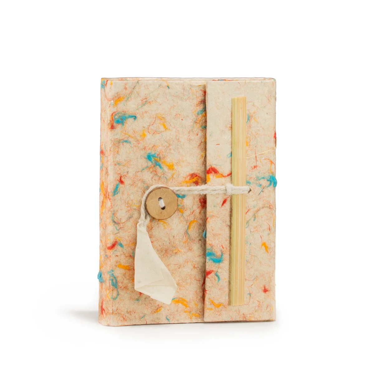 Mini mixed colour notebook with cotton cover, 12x8cm size, showing closed front and 40 leaves inside