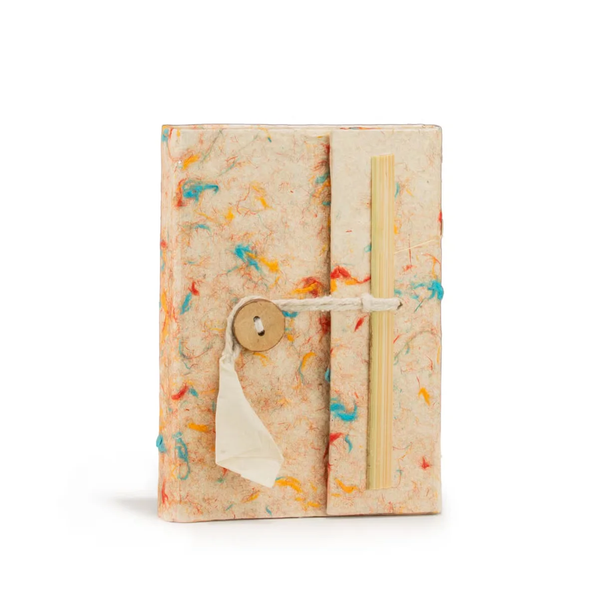 Mini Lokta mixed colour cotton notebook with 40 leaves, measuring 12x8cm, closed on white background