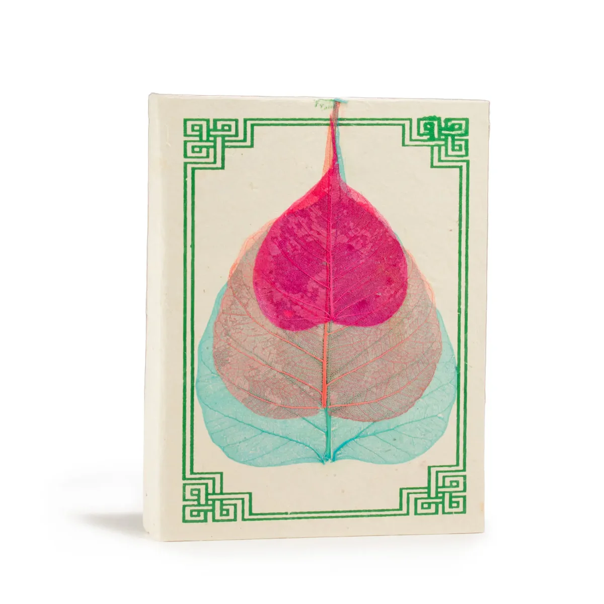 Medium notebook 15x12cm with assorted Lokta Bodhi leaf covers, showing textured natural paper and 45 leaves inside