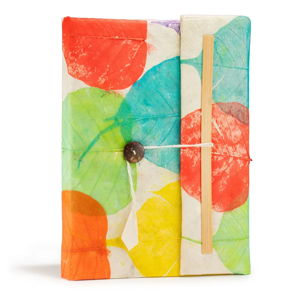 Large 21x15cm notebook with colorful leaf print cover and 45 cream pages inside, closed on white background