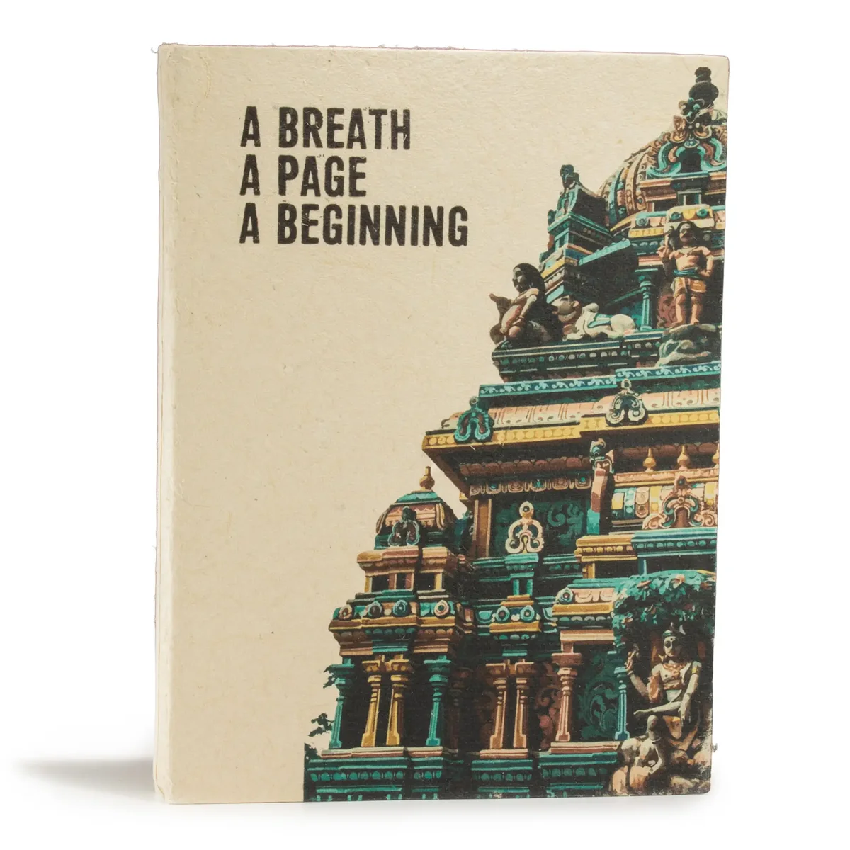 Large Lokta inspiration notebook titled A Breath with 45 leaves and a bookmark on a white background