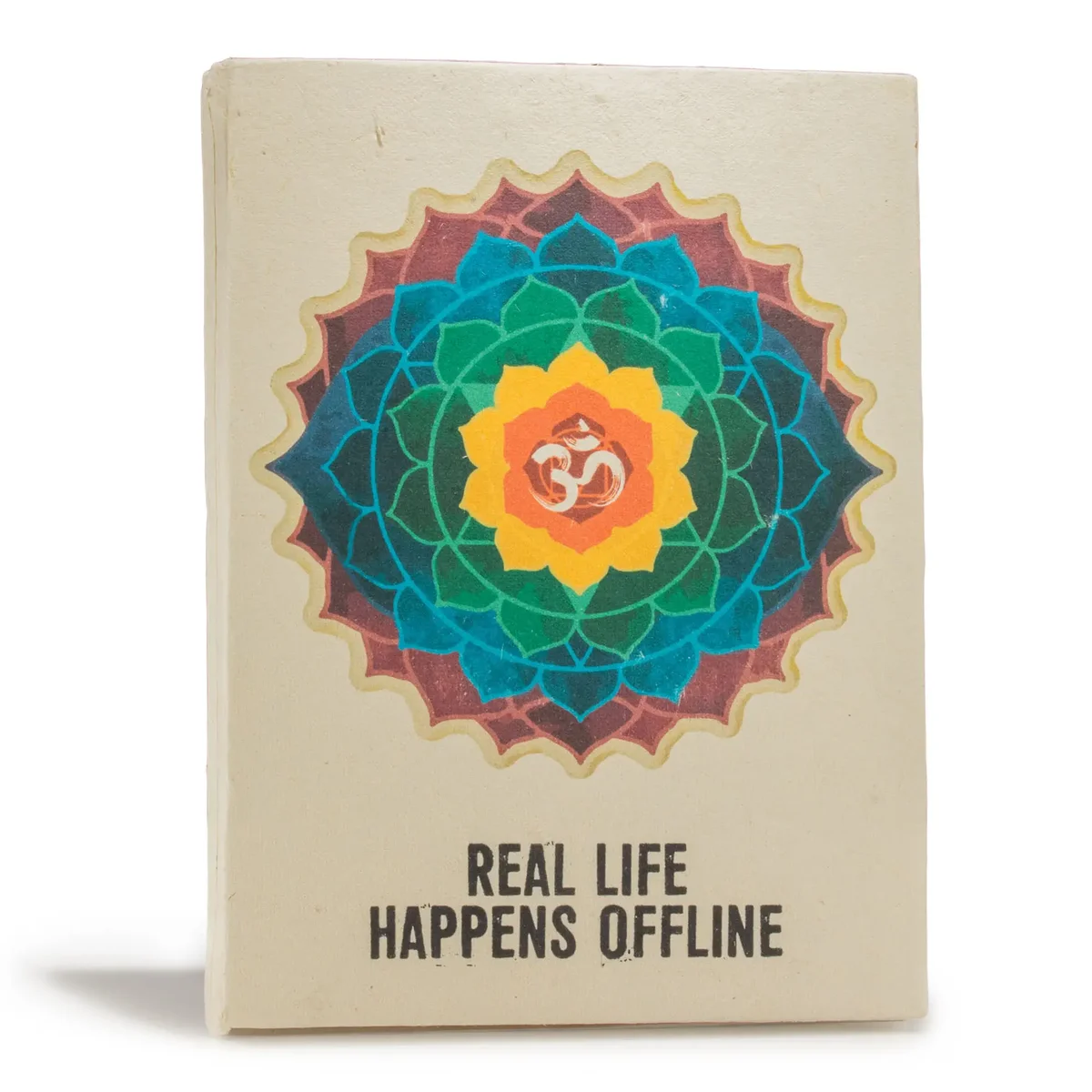 Large Lokta paper notebook with "Real Life" cover design, 21x15cm, 45 leaves, includes bookmark visible