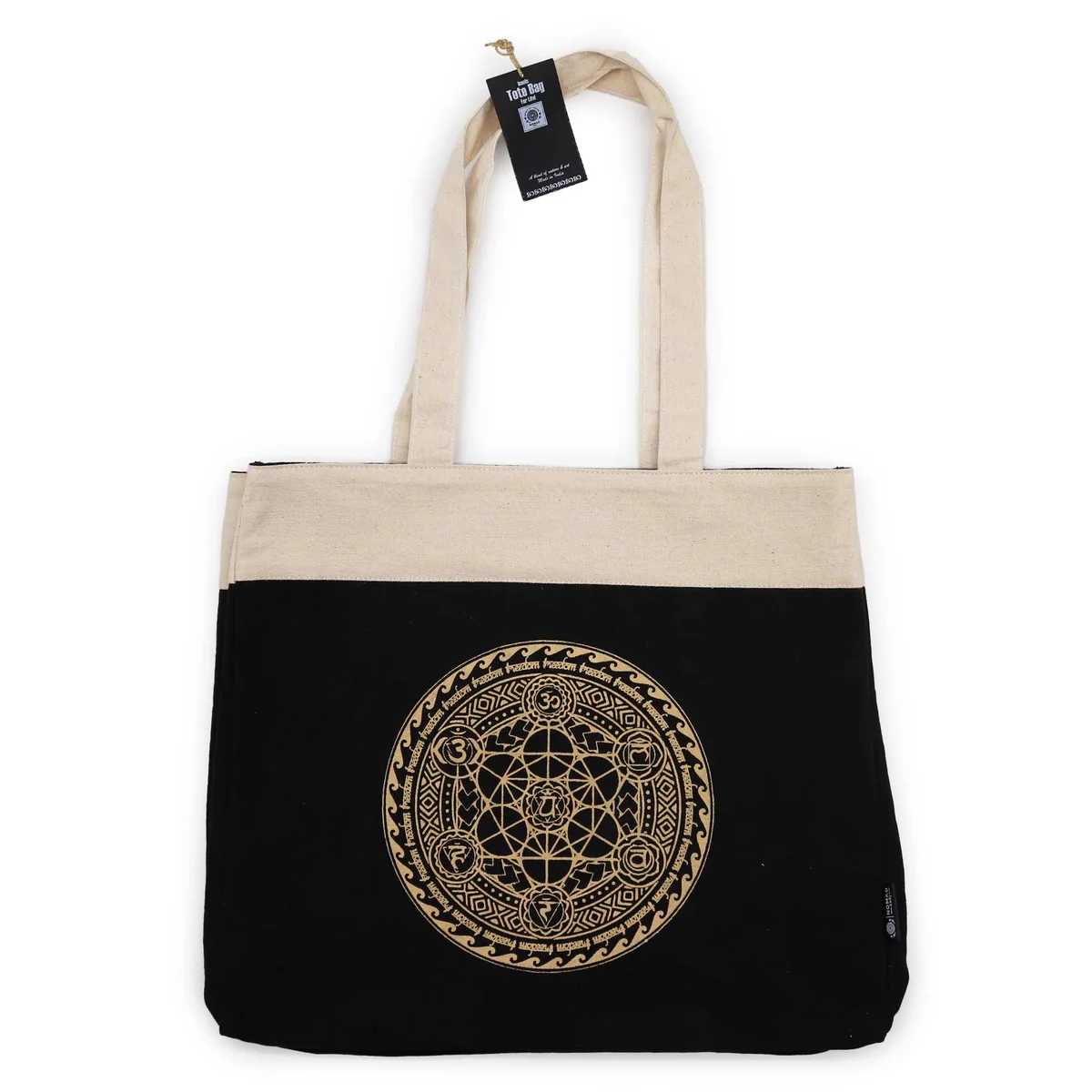 Oversized chocolate tote bag in stonewash fabric with Freedom Chakra design, 14oz sturdy material, side view