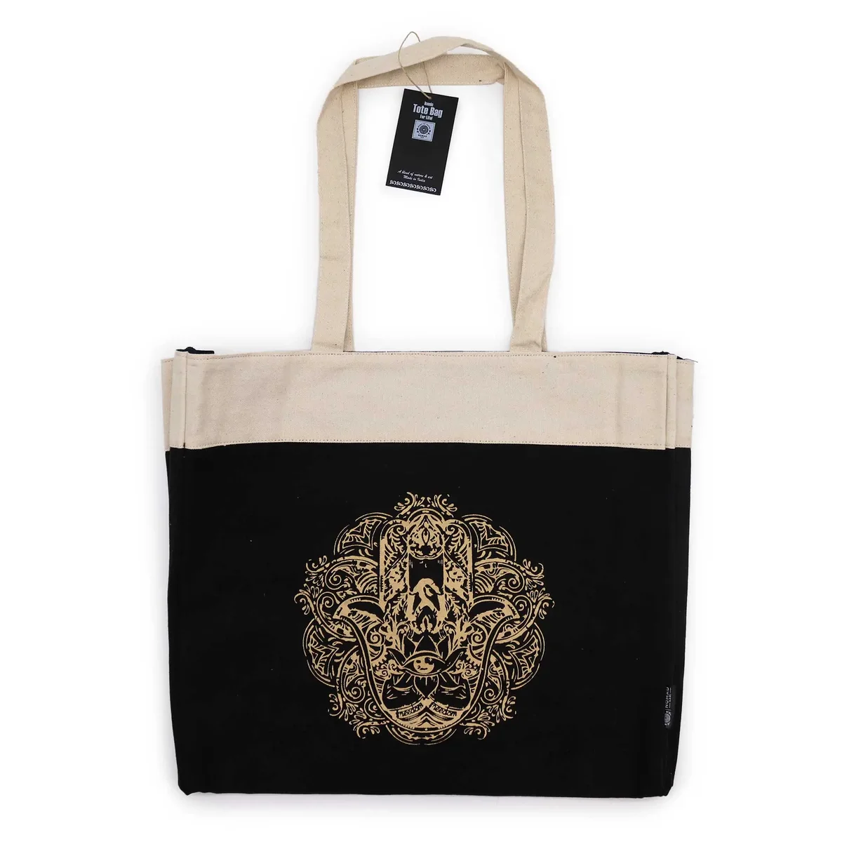 Oversized chocolate stonewash tote bag with Freedom Hamsa design, made from 14oz durable fabric