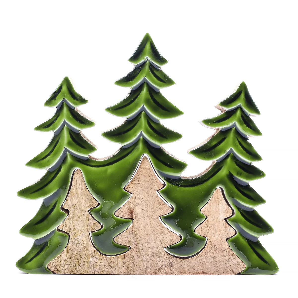 Three 3D wooden trees forming forest themed decor, measuring 20x23cm, with layered design and natural wood finish