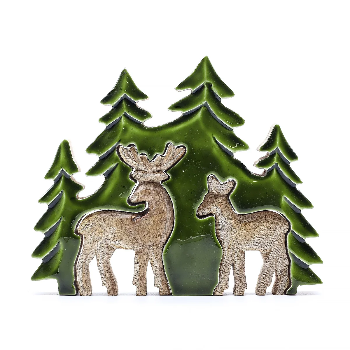 3D wooden decoration featuring two deer in a forest scene, measuring 18x23cm, titled Lost in the Forrest