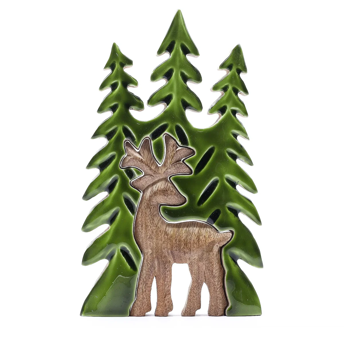 3D wooden forest ornament featuring a stag design, measuring 25x15cm, with layered wooden pieces creating depth