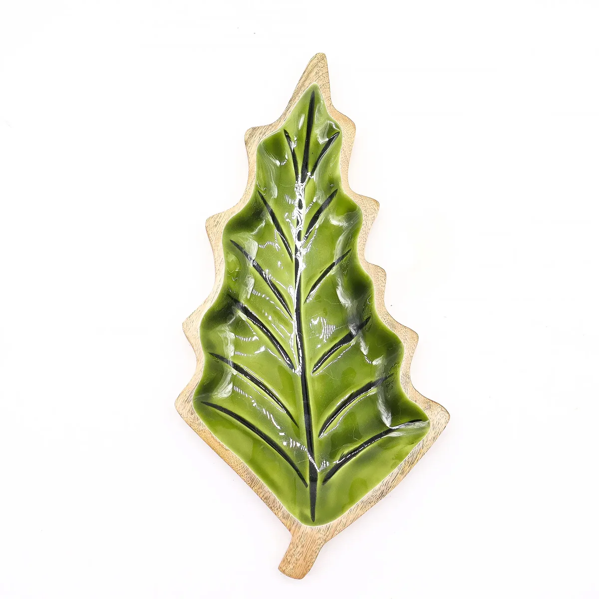 Wooden serving bowl with enamel leaf design, measuring 33 by 17 cm, named Lost in the Forrest