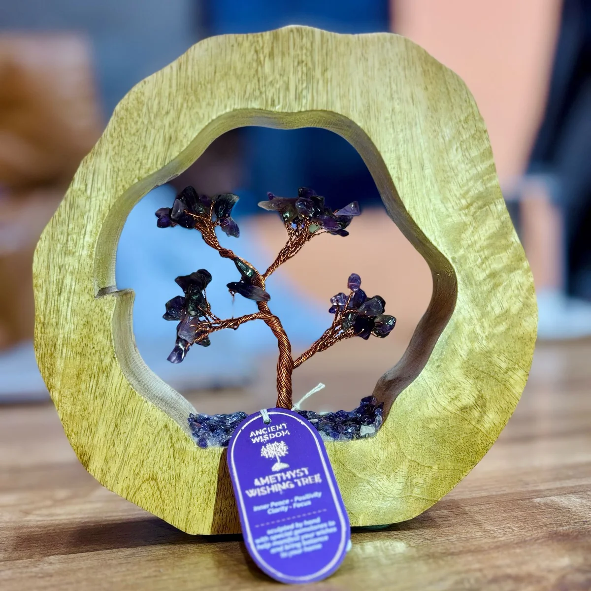 Amethyst gemstone tree with 60 chipstones on a mango wood ring base for decorative use