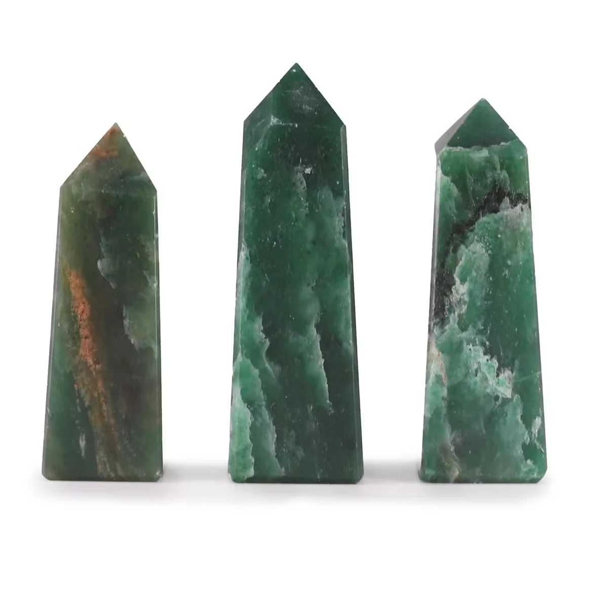 Three 5cm gemstone obelisks made from Indian Jade displayed on a white background
