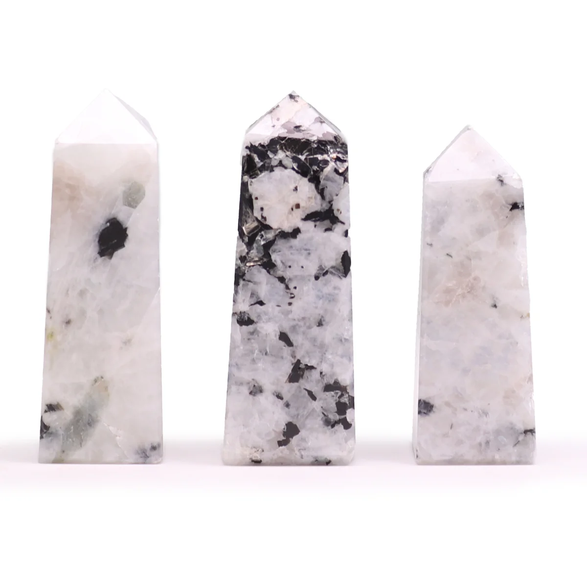 Polished 5cm moonstone obelisk point standing upright, a moonstone decor ornament with smooth reflective surface