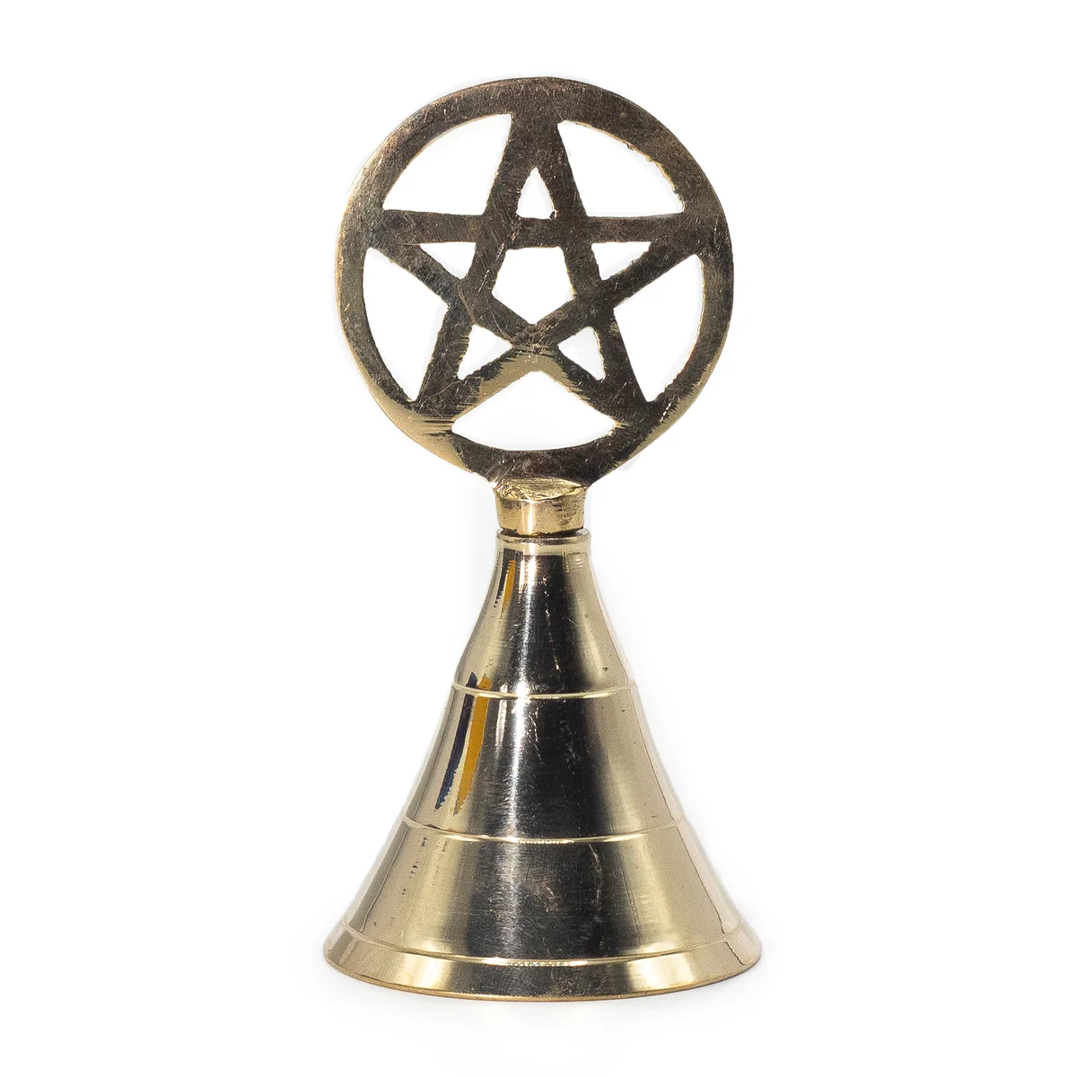 Decorative altar bell made of brass featuring a pentagram design on the bell surface, shown on a white background