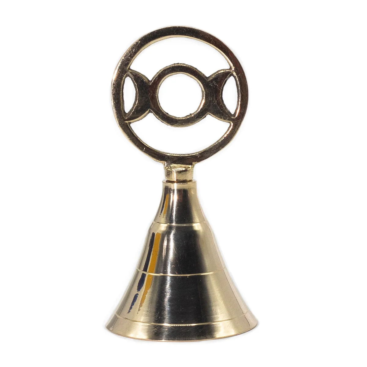 Altar brass bell with a three moon design, made of polished brass for spiritual or ritual use