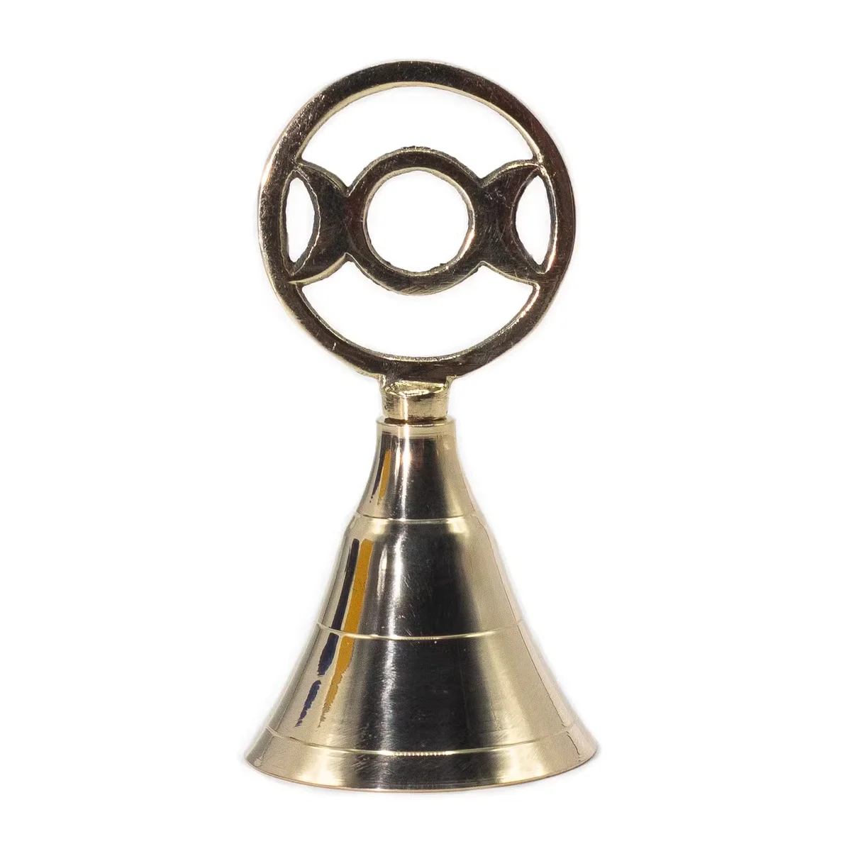 Decorative brass bell with three moon design, polished surface, ideal for altar use and spiritual practices