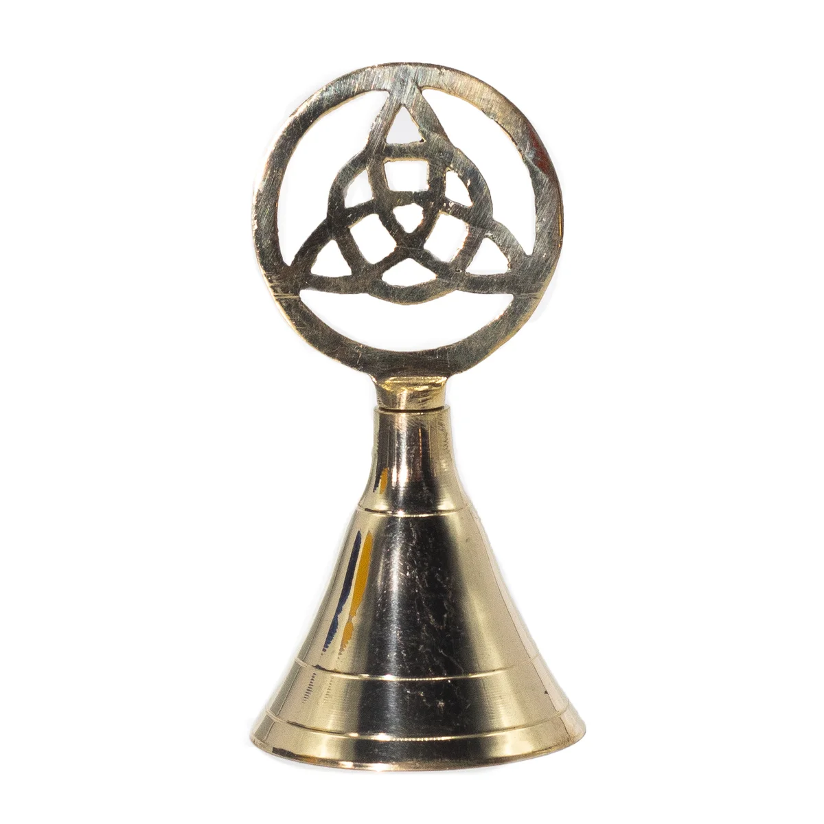 Brass spiritual altar bell featuring a Triquetra symbol, shown on a plain background, second product image.