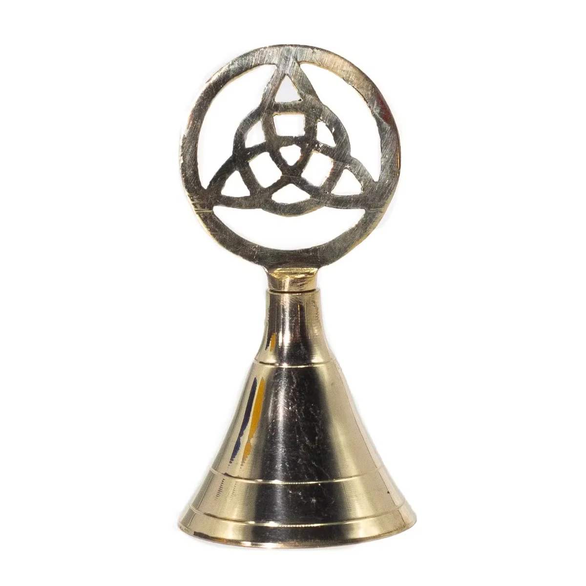 Decorative brass bell with triquetra design, polished altar bell used for rituals and ceremonies