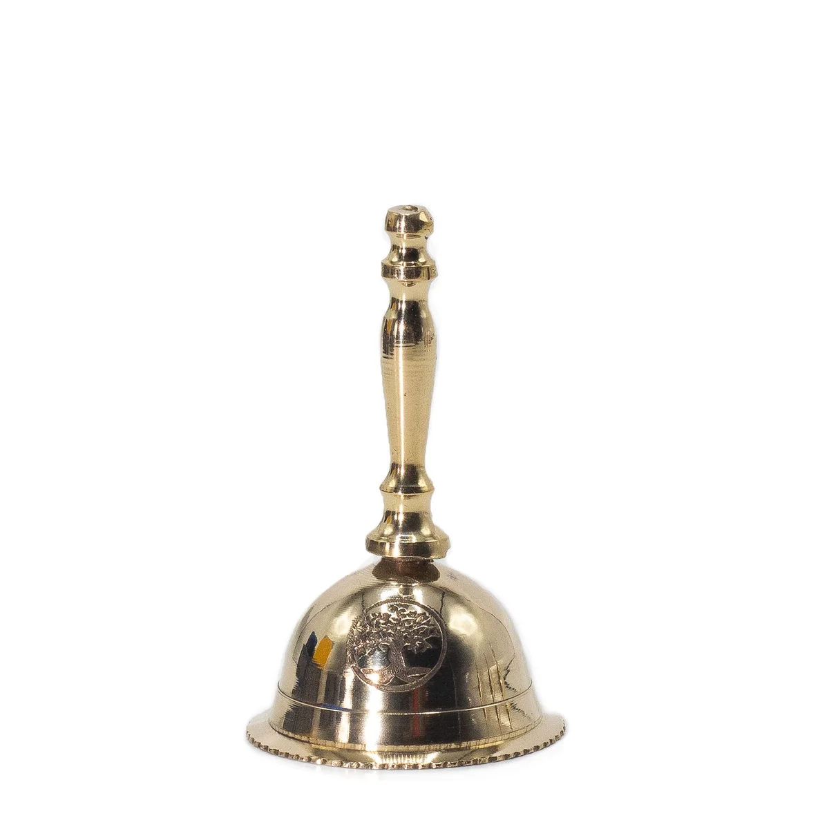 Small altar brass bell featuring a Tree of Life design on the bell surface with a rounded handle