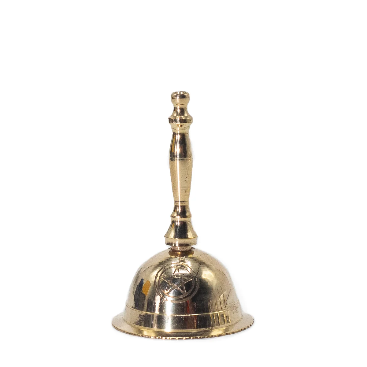 Small brass altar bell with penta moon design, shown on white background for spiritual use