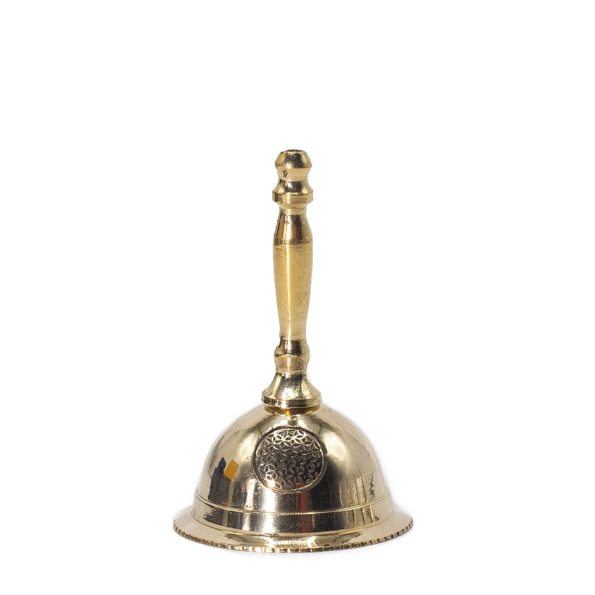 Small brass altar bell with Flower of Life design, polished finish, shown on white background