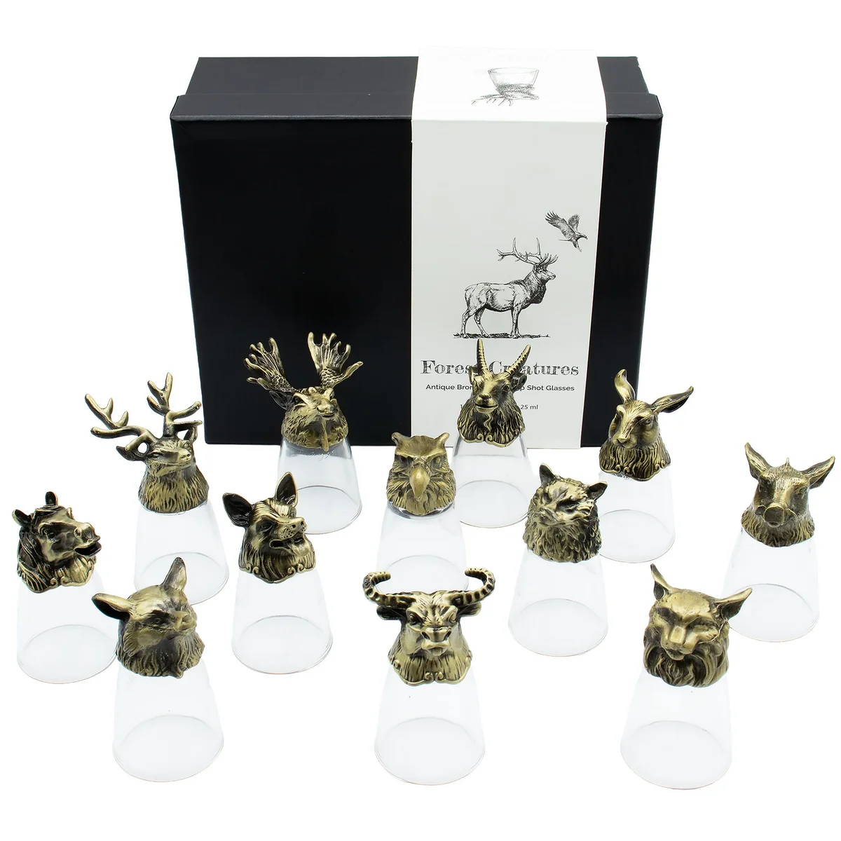 Set of 12 antique bronze bottom up shot glasses with forest and mystical creatures designs, 25ml each, arranged together