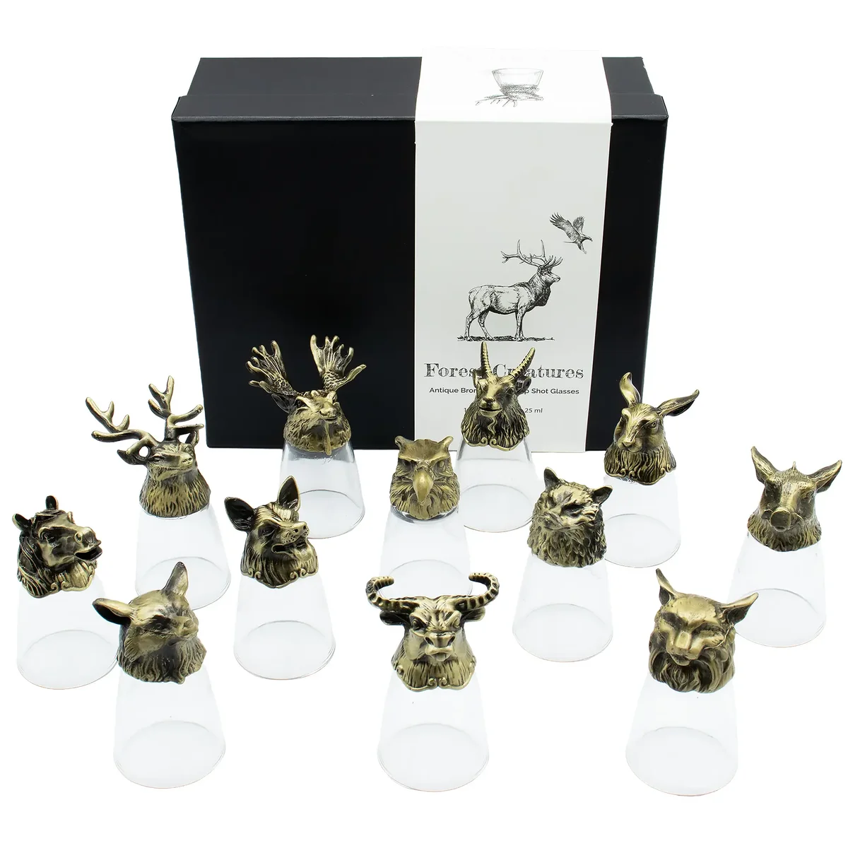 Set of 12 antique bronze bottom up shot glasses with forest and mystical creature designs, 25ml capacity shot glass set