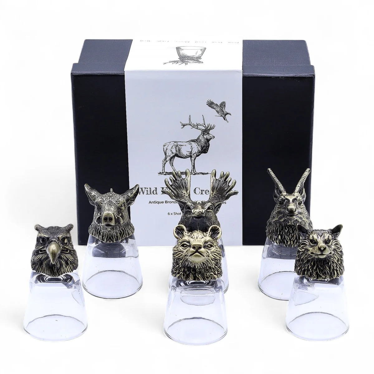 Set of six antique bronze wild forest shot glasses featuring detailed forest creature designs, each 50ml capacity