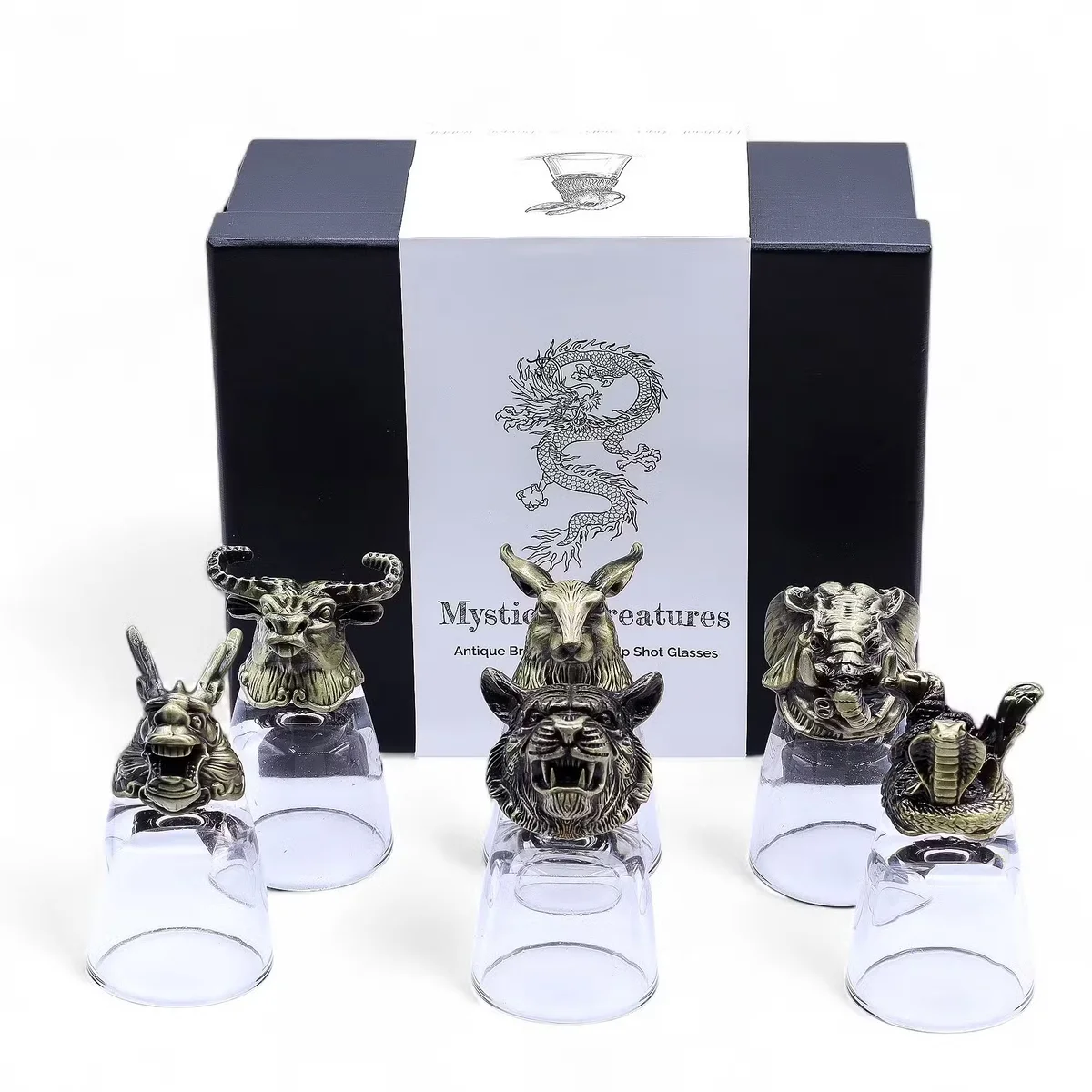 Set of six antique bronze shot glasses featuring mystical creature designs, each holding 50ml of liquid